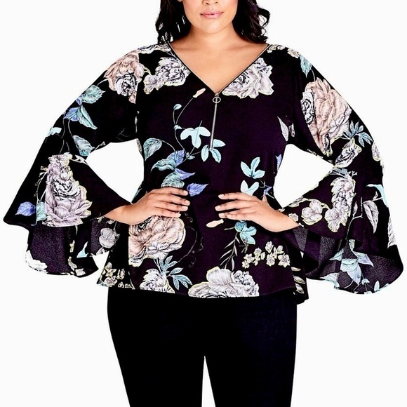 City Chic Floral Bell Sleeve Quarter Zip Blouse XL (22) - Picture 1 of 7
